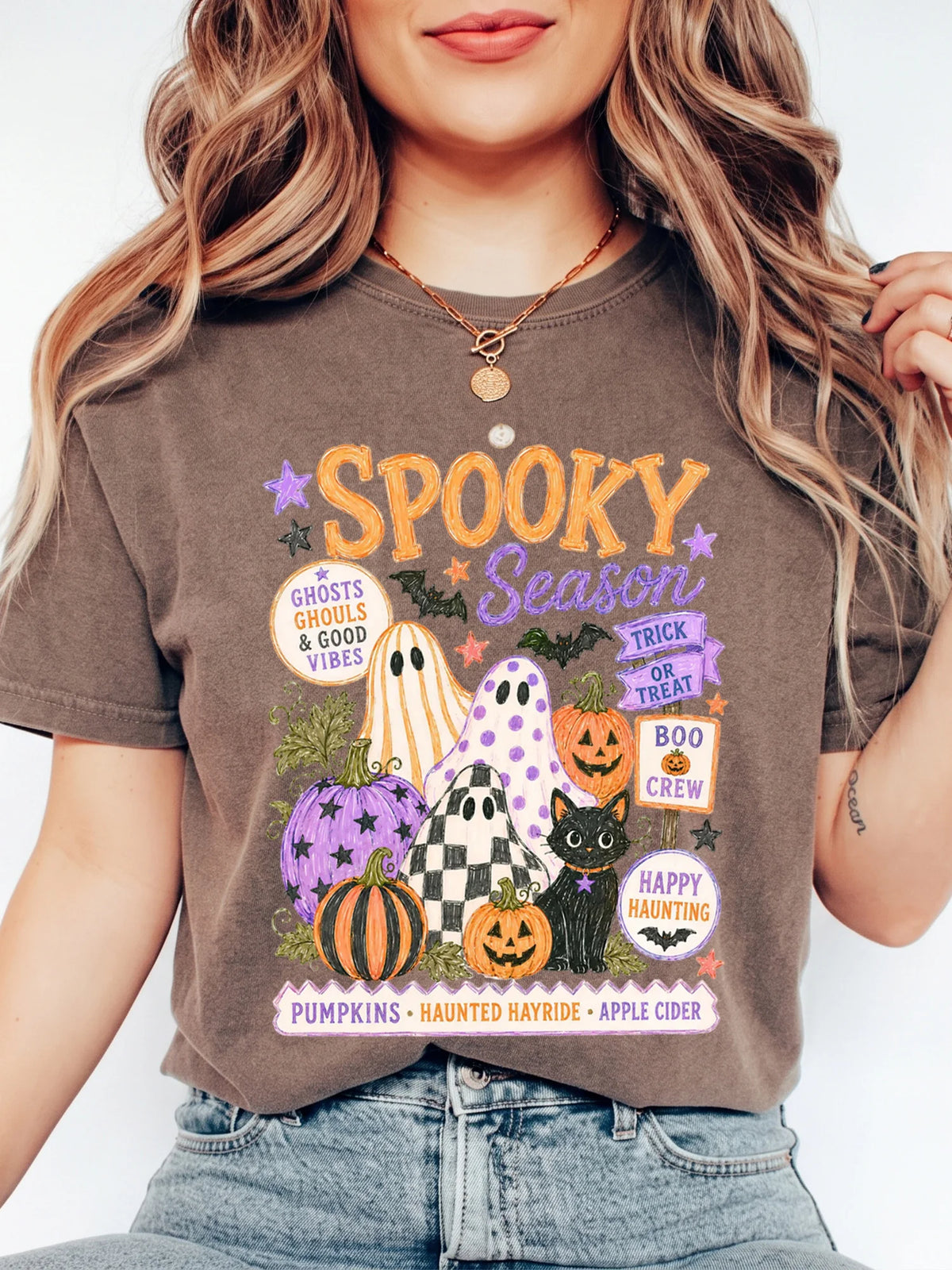 Retro Spooky Season Halloween Shirt, Cute Boo Crew Ghost And Pumpkin Graphic Tee For Fall