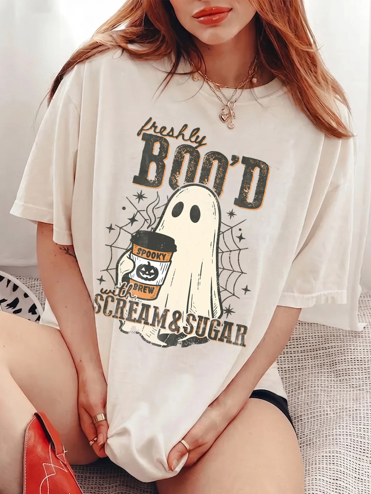 Halloween Coffee Shirt Freshly Boo'd With Scream & Sugar Spooky Season Graphic Tee Fall Barista Gift