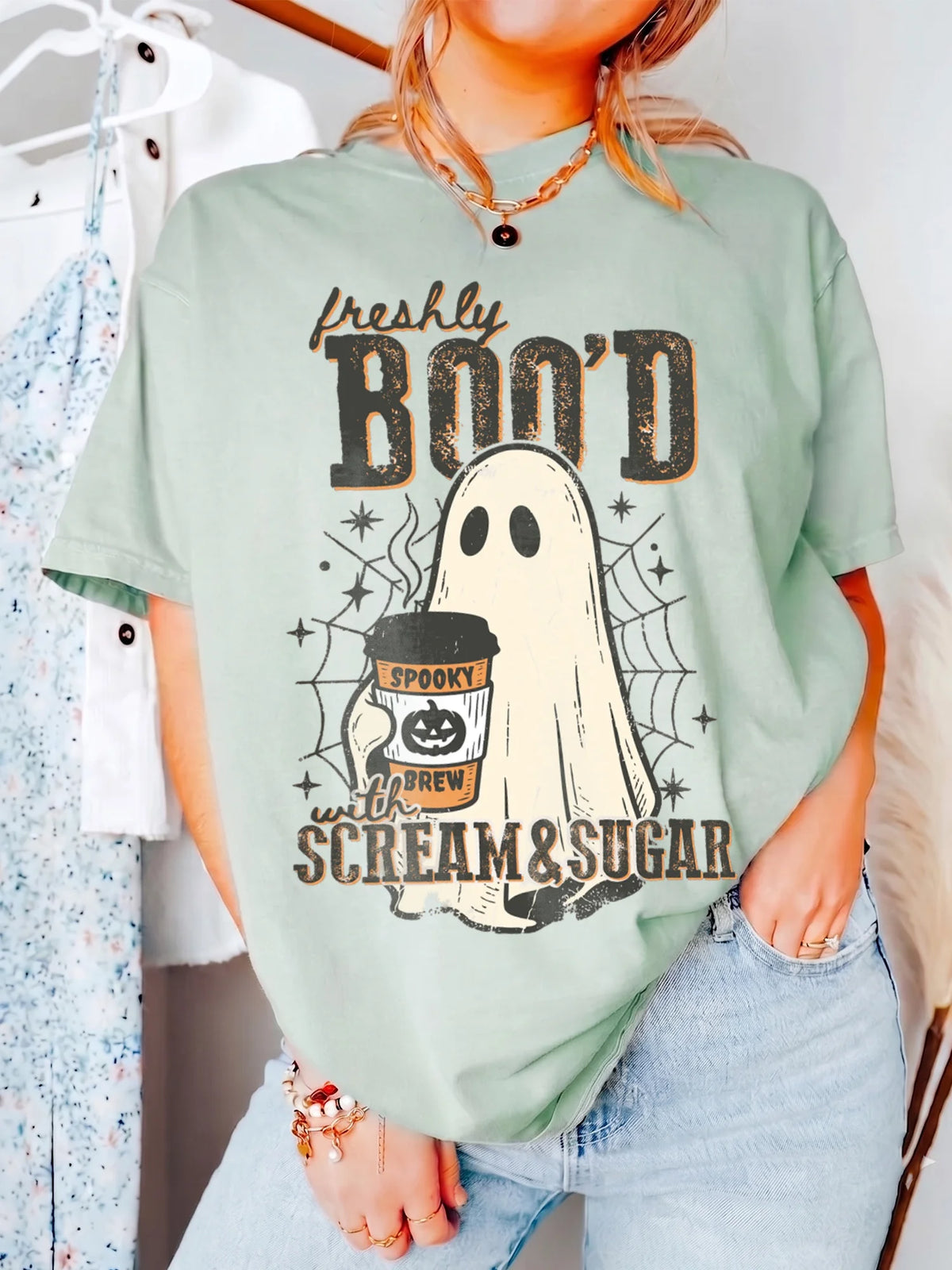 Halloween Coffee Shirt Freshly Boo'd With Scream & Sugar Spooky Season Graphic Tee Fall Barista Gift