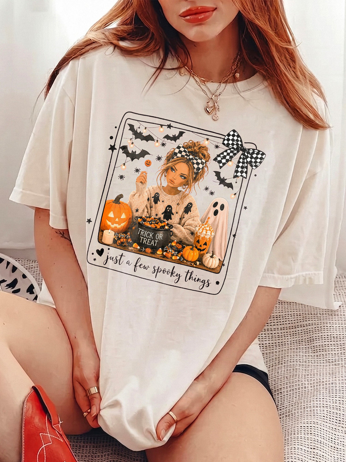 Trick Or Treat T-Shirt Cute Spooky Season Graphic Tee Just A Few Spooky Things Fall Halloween Top