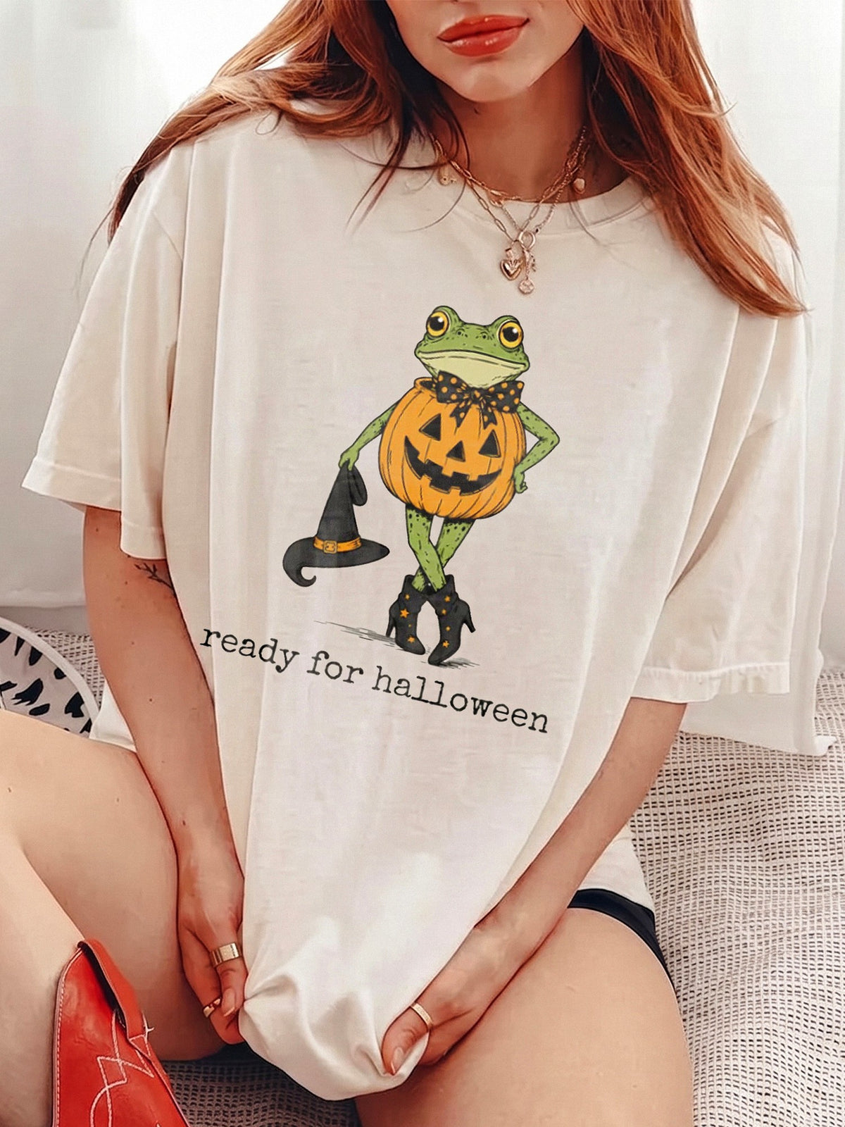 Ready For Halloween Pumpkin Frog Graphic Tee Spooky Cute Fall Party Shirt