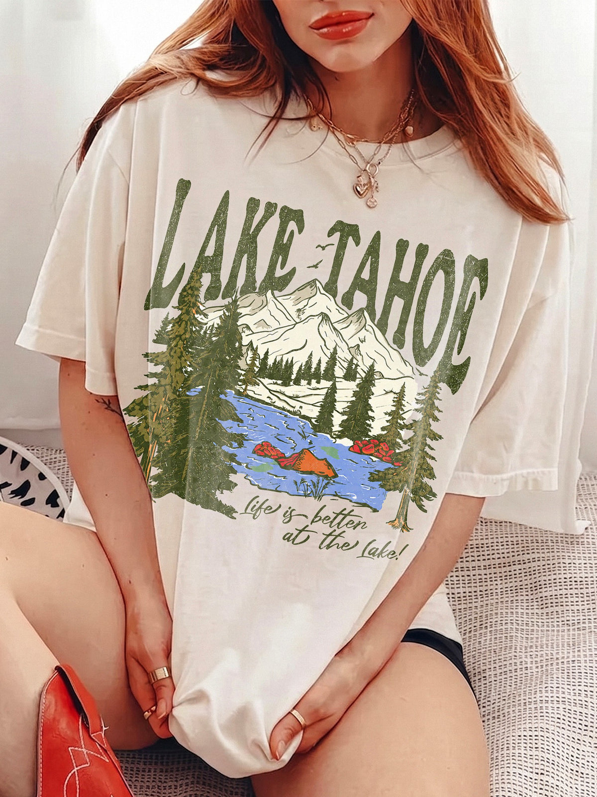 Lake Tahoe Mountain Graphic T-Shirt Life Is Better At The Lake Vintage Vacation Tee