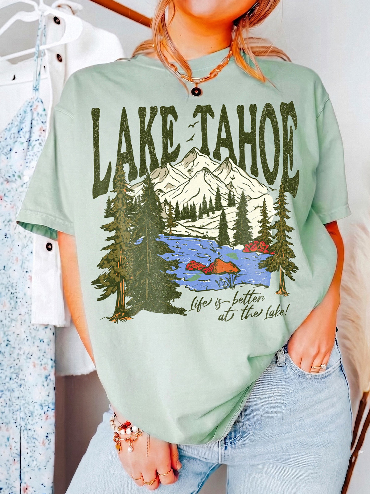 Lake Tahoe Mountain Graphic T-Shirt Life Is Better At The Lake Vintage Vacation Tee