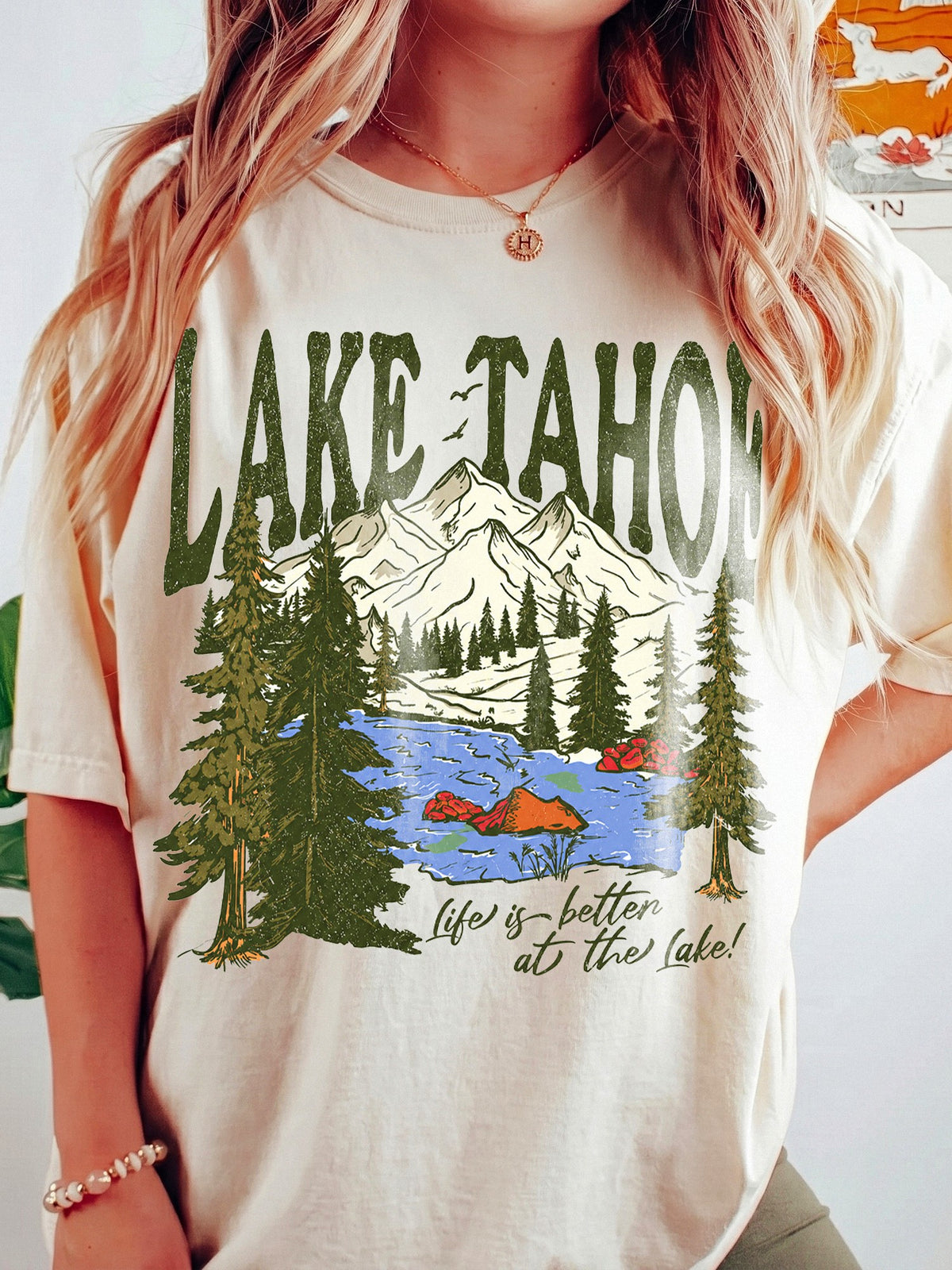 Lake Tahoe Mountain Graphic T-Shirt Life Is Better At The Lake Vintage Vacation Tee