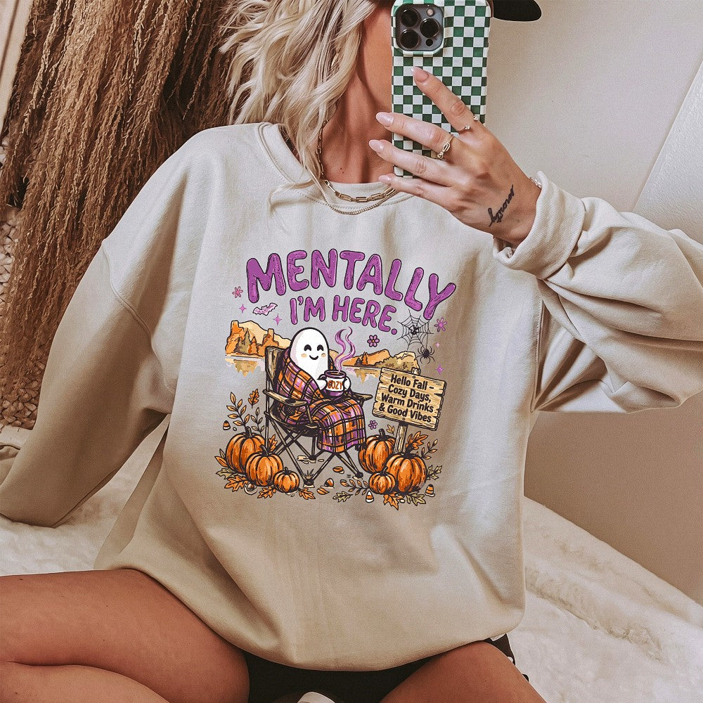 Mentally I'm Here Cozy Fall Graphic Tee Cute Halloween Ghost Shirt Autumn Aesthetic Warm Drinks T-Shirt Gift For Her