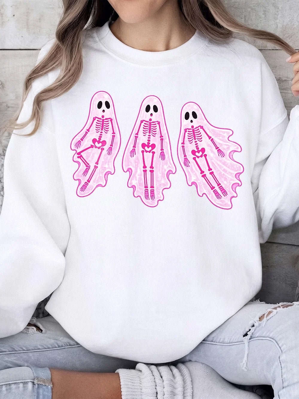 Cute Pink Skeleton Ghost Halloween T-Shirt Oversized Spooky Season Graphic Tee