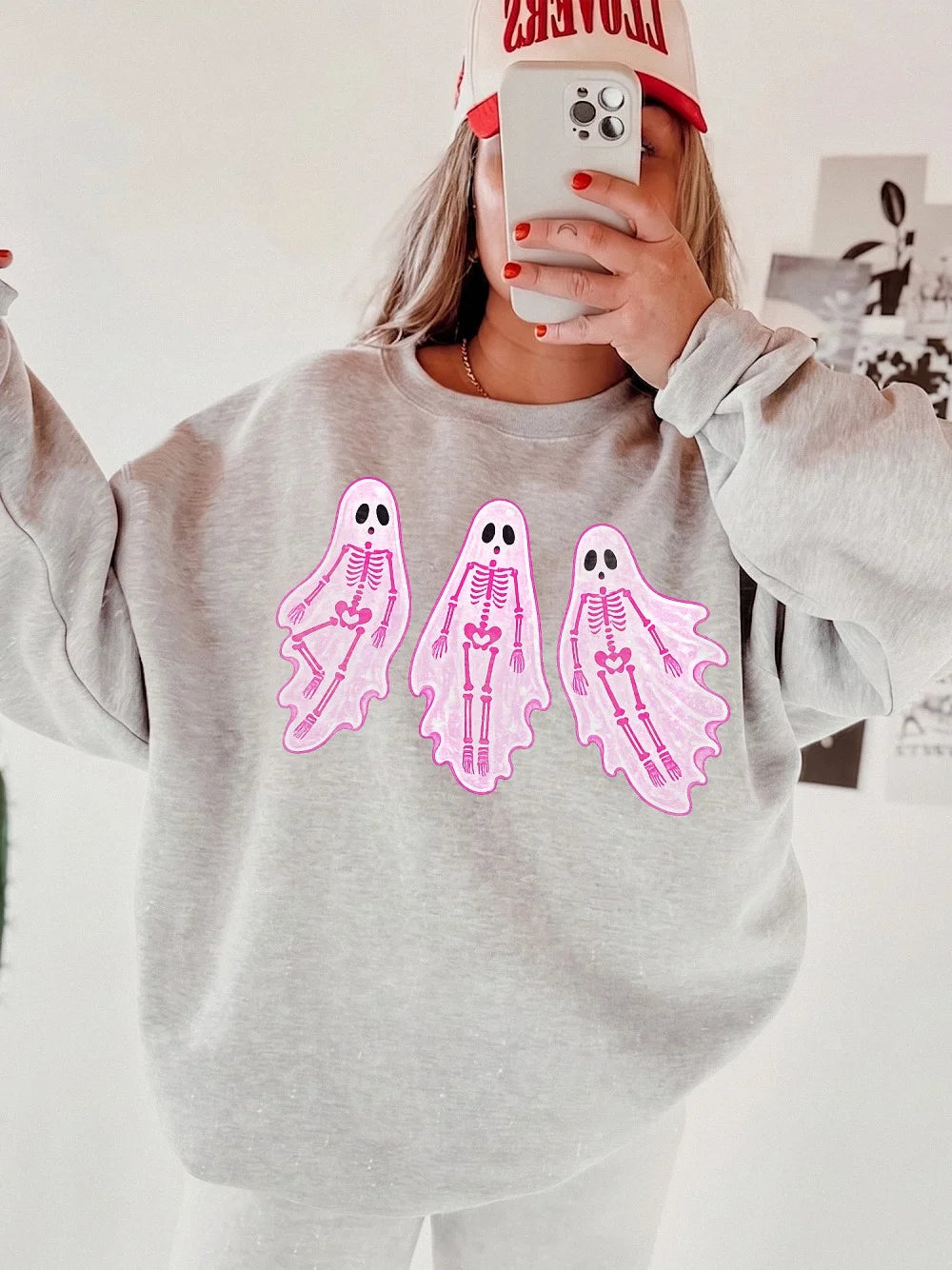 Cute Pink Skeleton Ghost Halloween T-Shirt Oversized Spooky Season Graphic Tee