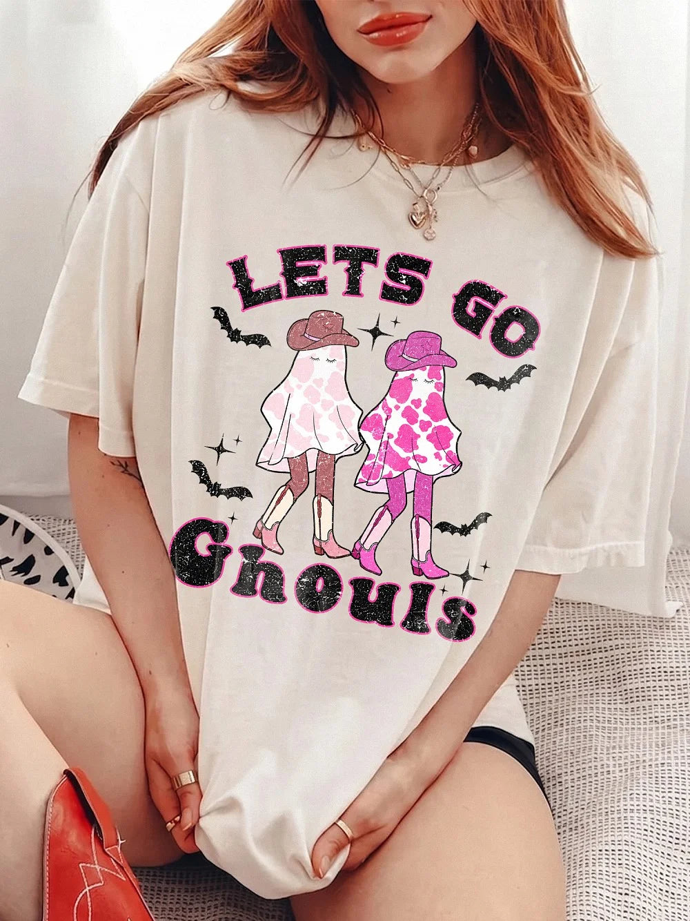 Let's Go Ghouls Pink Cowgirl Ghost T-Shirt Western Halloween Spooky Season Tee Retro Fall Apparel