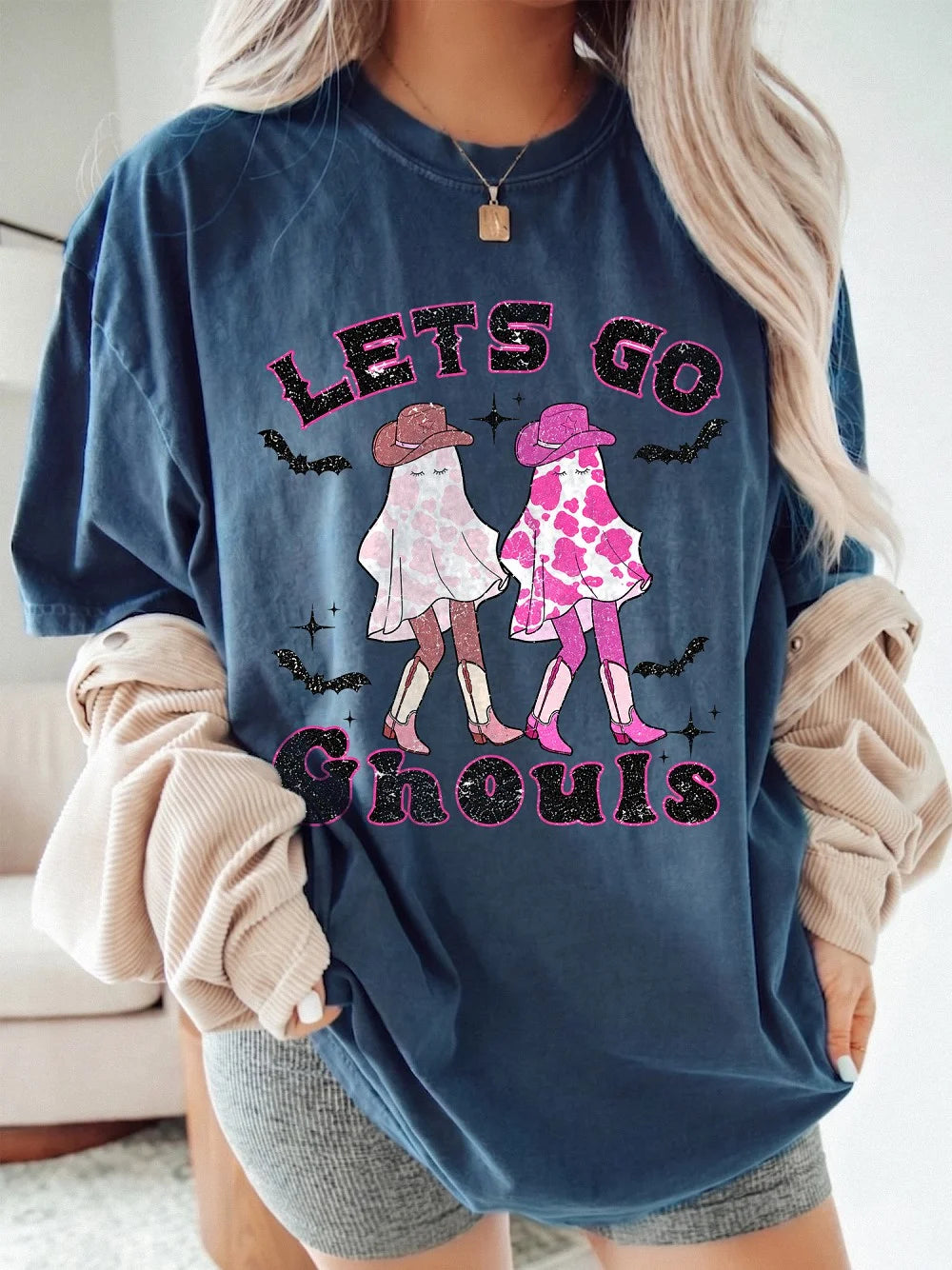 Let's Go Ghouls Pink Cowgirl Ghost T-Shirt Western Halloween Spooky Season Tee Retro Fall Apparel