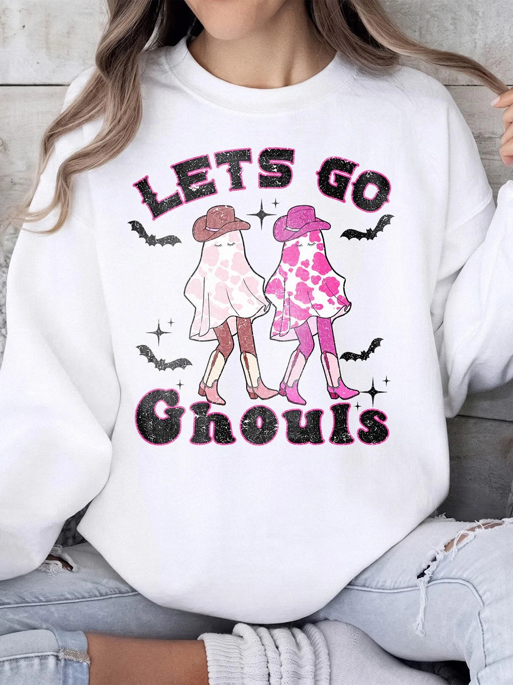 Let's Go Ghouls Pink Cowgirl Ghost T-Shirt Western Halloween Spooky Season Tee Retro Fall Apparel