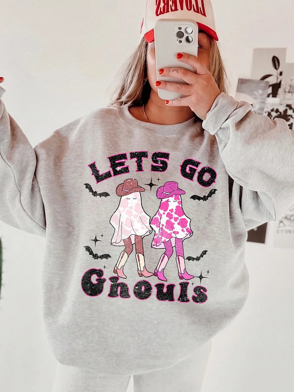 Let's Go Ghouls Pink Cowgirl Ghost T-Shirt Western Halloween Spooky Season Tee Retro Fall Apparel