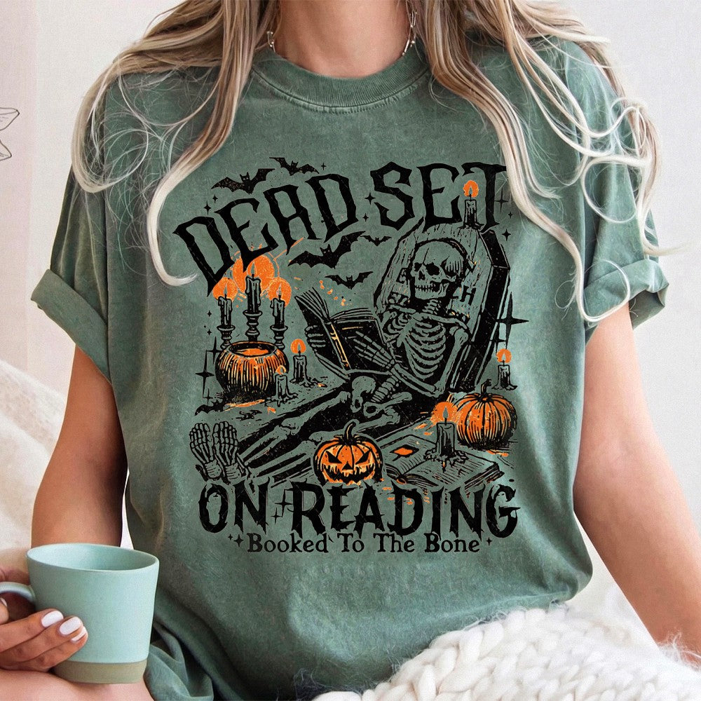 Dead Set On Reading Booked To The Bone T-Shirt Spooky Skeleton Book Lover Halloween Tee Gothic Reader Graphic Apparel