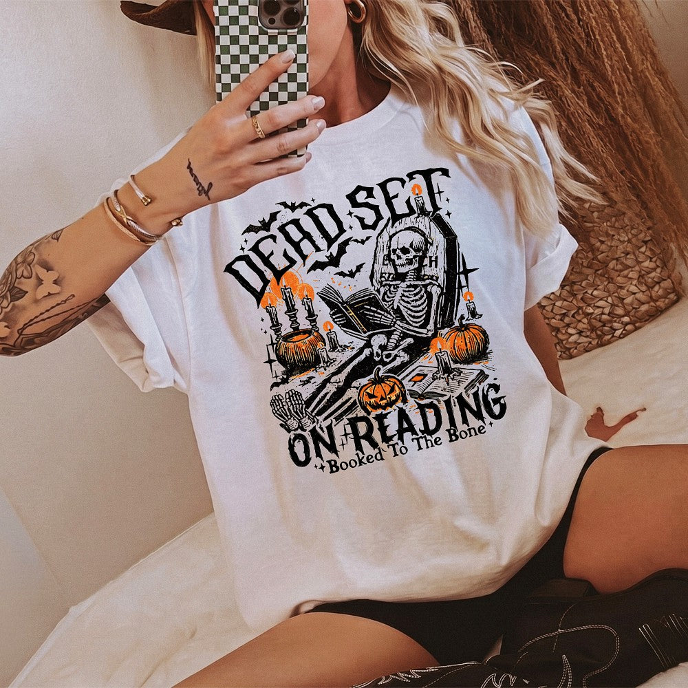 Dead Set On Reading Booked To The Bone T-Shirt Spooky Skeleton Book Lover Halloween Tee Gothic Reader Graphic Apparel