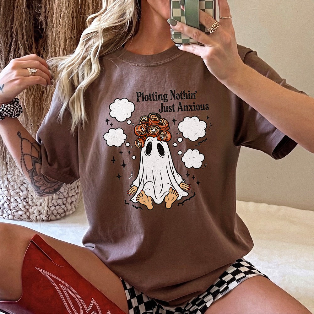 Plotting Nothin' Just Anxious T-Shirt Funny Ghost Hair Rollers Tee Mental Health Humor Introvert Spooky Season Shirt