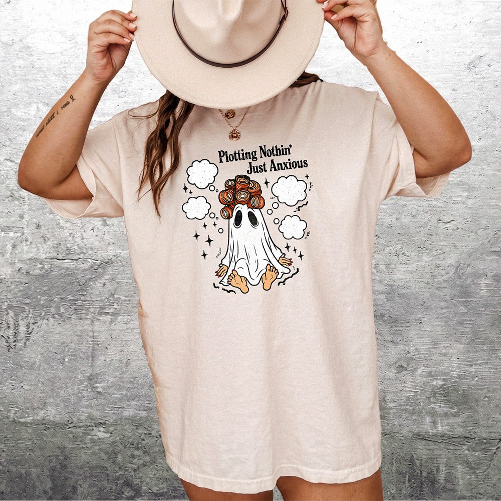 Plotting Nothin' Just Anxious T-Shirt Funny Ghost Hair Rollers Tee Mental Health Humor Introvert Spooky Season Shirt