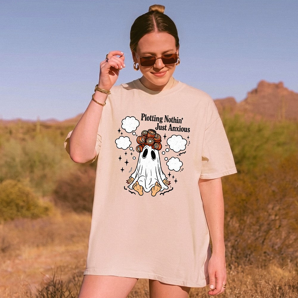 Plotting Nothin' Just Anxious T-Shirt Funny Ghost Hair Rollers Tee Mental Health Humor Introvert Spooky Season Shirt
