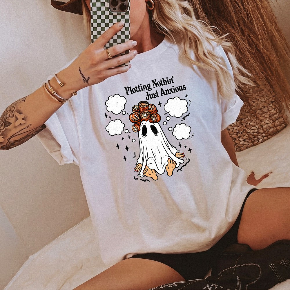 Plotting Nothin' Just Anxious T-Shirt Funny Ghost Hair Rollers Tee Mental Health Humor Introvert Spooky Season Shirt