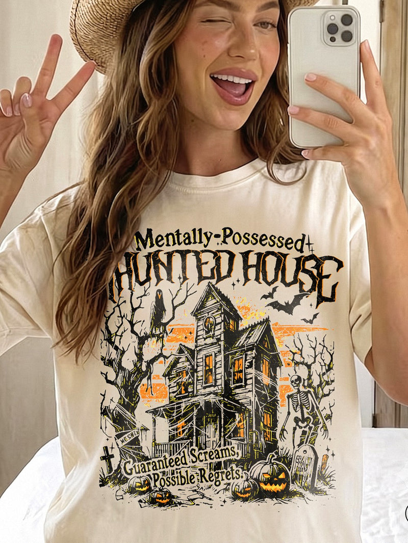 Mentally Possessed Haunted House Vintage Graphic T-Shirt Spooky Season Halloween Tee