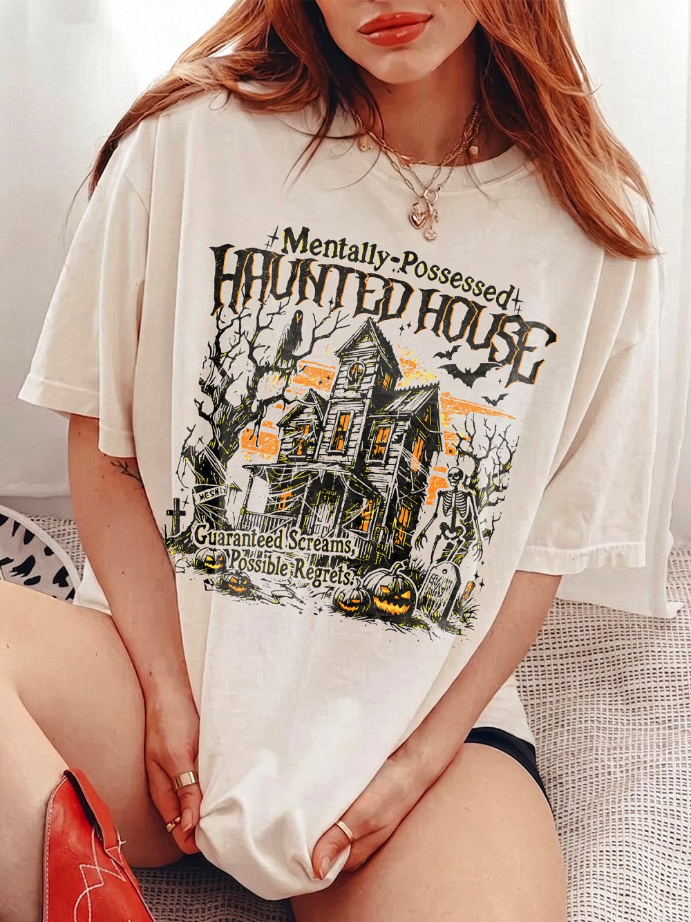 Mentally Possessed Haunted House Vintage Graphic T-Shirt Spooky Season Halloween Tee