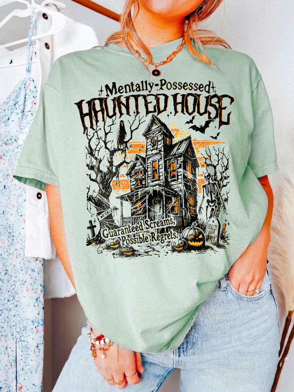 Mentally Possessed Haunted House Vintage Graphic T-Shirt Spooky Season Halloween Tee