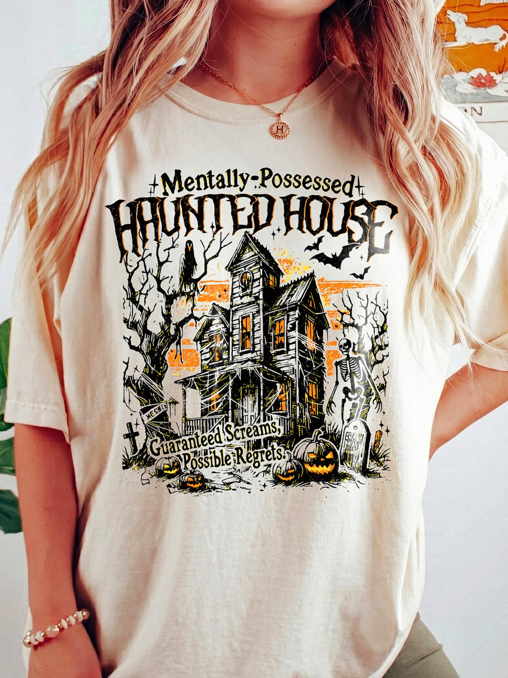Mentally Possessed Haunted House Vintage Graphic T-Shirt Spooky Season Halloween Tee