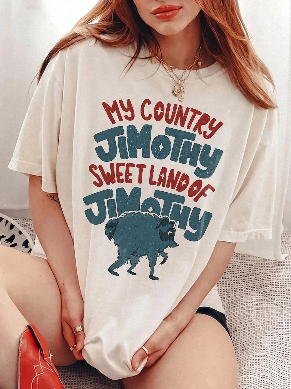 My Country Jimothy Sweet Land Of Jimothy Shirt Funny Raccoon Meme Retro Graphic Tee