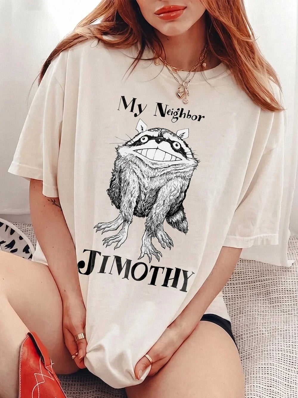 My Neighbor Jimothy Funny Raccoon Parody Graphic T-Shirt Creepy Cute Meme Tee