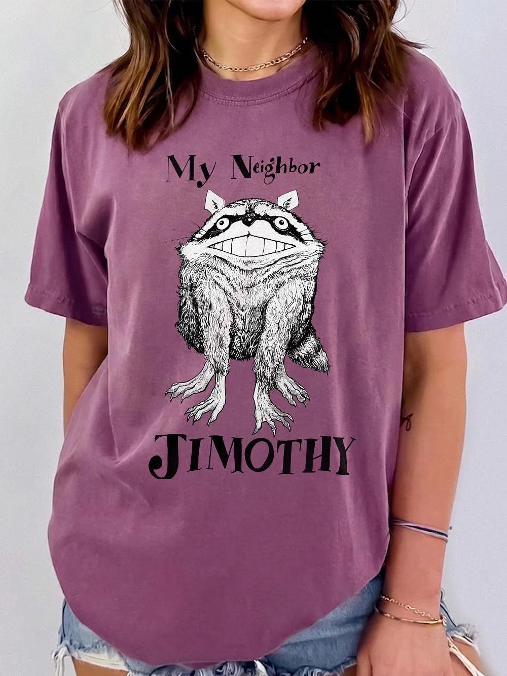 My Neighbor Jimothy Funny Raccoon Parody Graphic T-Shirt Creepy Cute Meme Tee