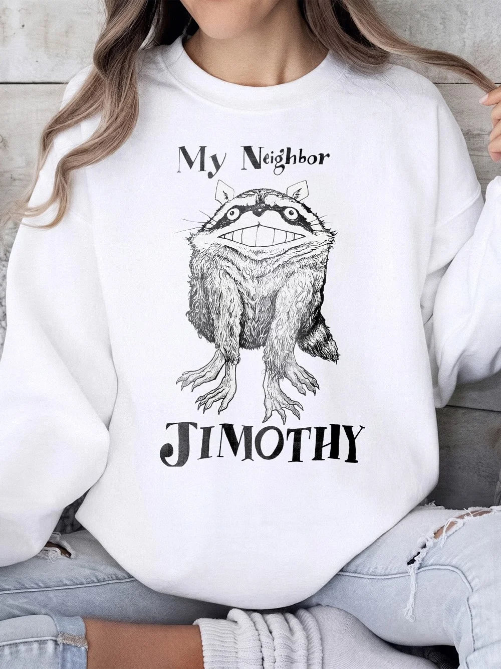 My Neighbor Jimothy Funny Raccoon Parody Graphic T-Shirt Creepy Cute Meme Tee