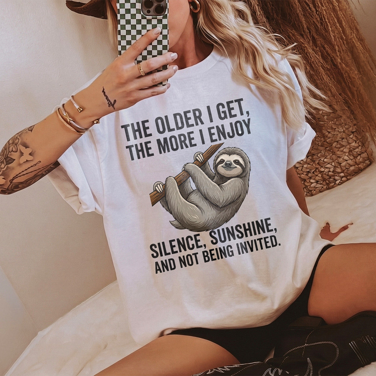 The Older I Get Sloth Graphic Tee, Introvert Silence Sunshine Not Being Invited T-Shirt, Funny Anti-Social Humor Shirt For Men Women