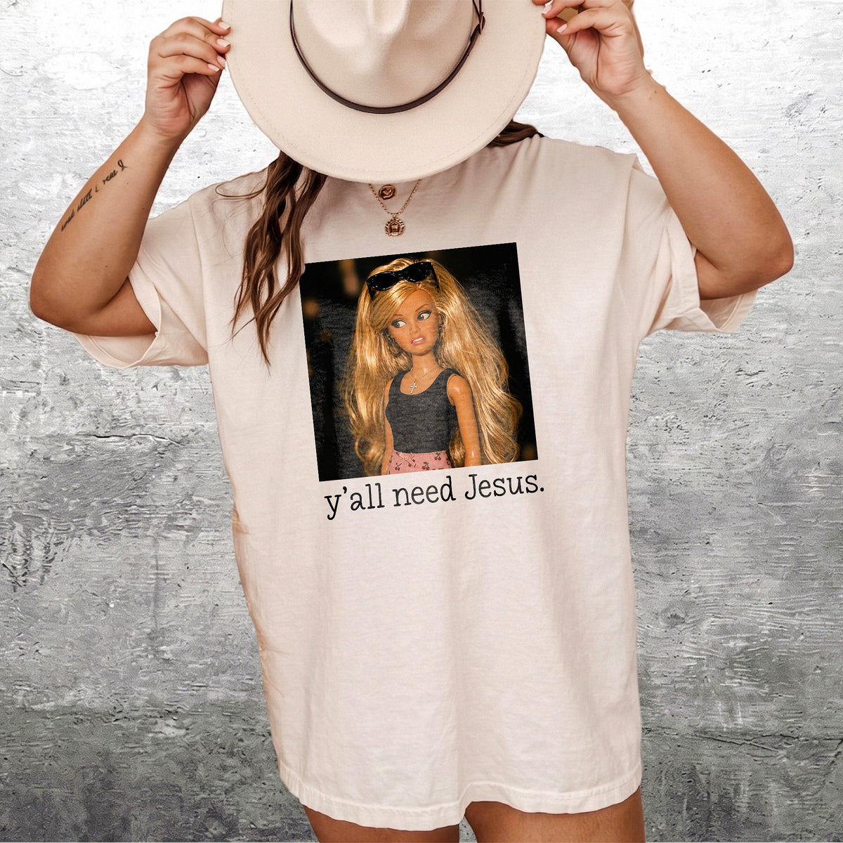 Sassy Doll Y'all Need Jesus T-Shirt Funny Christian Graphic Tee Southern Humor Faith Shirt Casual Gift for Her