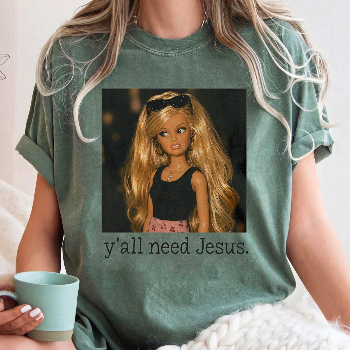 Sassy Doll Y'all Need Jesus T-Shirt Funny Christian Graphic Tee Southern Humor Faith Shirt Casual Gift for Her