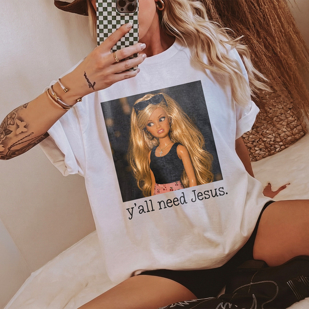 Sassy Doll Y'all Need Jesus T-Shirt Funny Christian Graphic Tee Southern Humor Faith Shirt Casual Gift for Her
