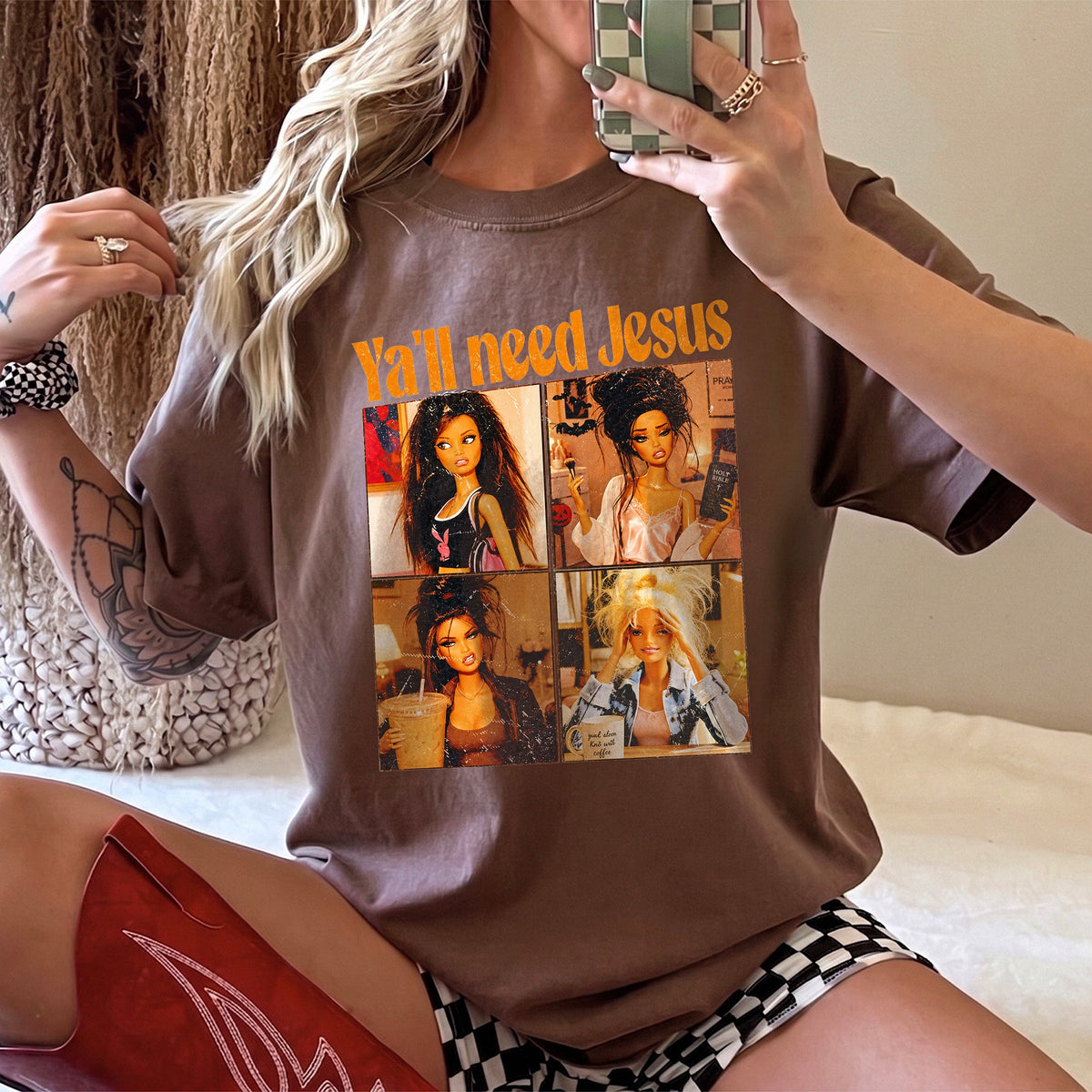 Y'all Need Jesus Funny Y2K Doll Graphic Tee Sarcastic Christian Shirt