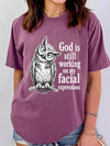 God Is Still Working On My Facial Expressions Funny Owl Graphic Tee Sarcastic Introvert Shirt