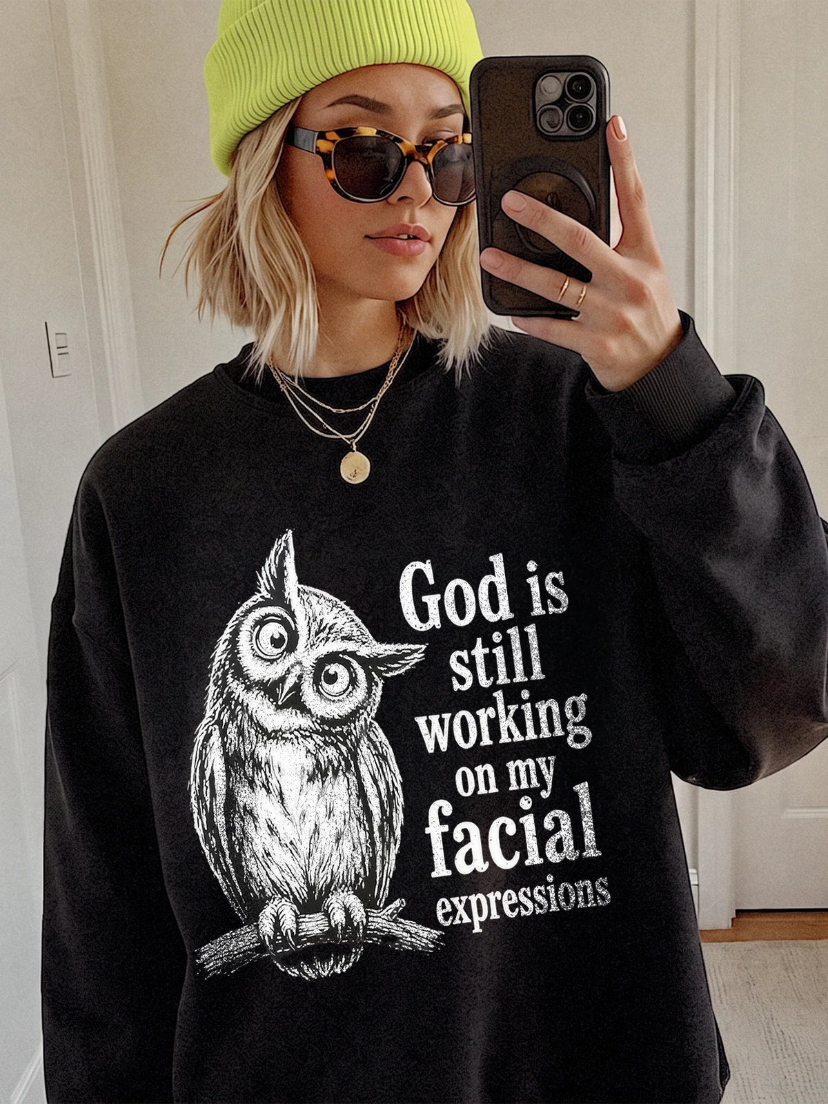 God Is Still Working On My Facial Expressions Funny Owl Graphic Tee Sarcastic Introvert Shirt