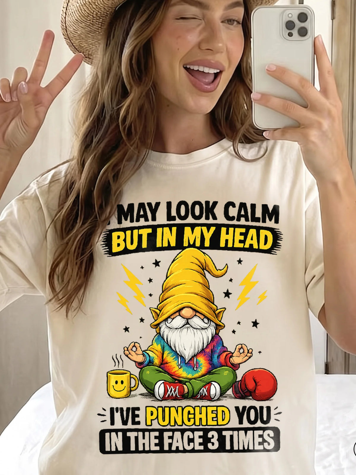 I May Look Calm But In My Head Funny Sarcastic Meditating Gnome T-Shirt Humor Graphic Tee