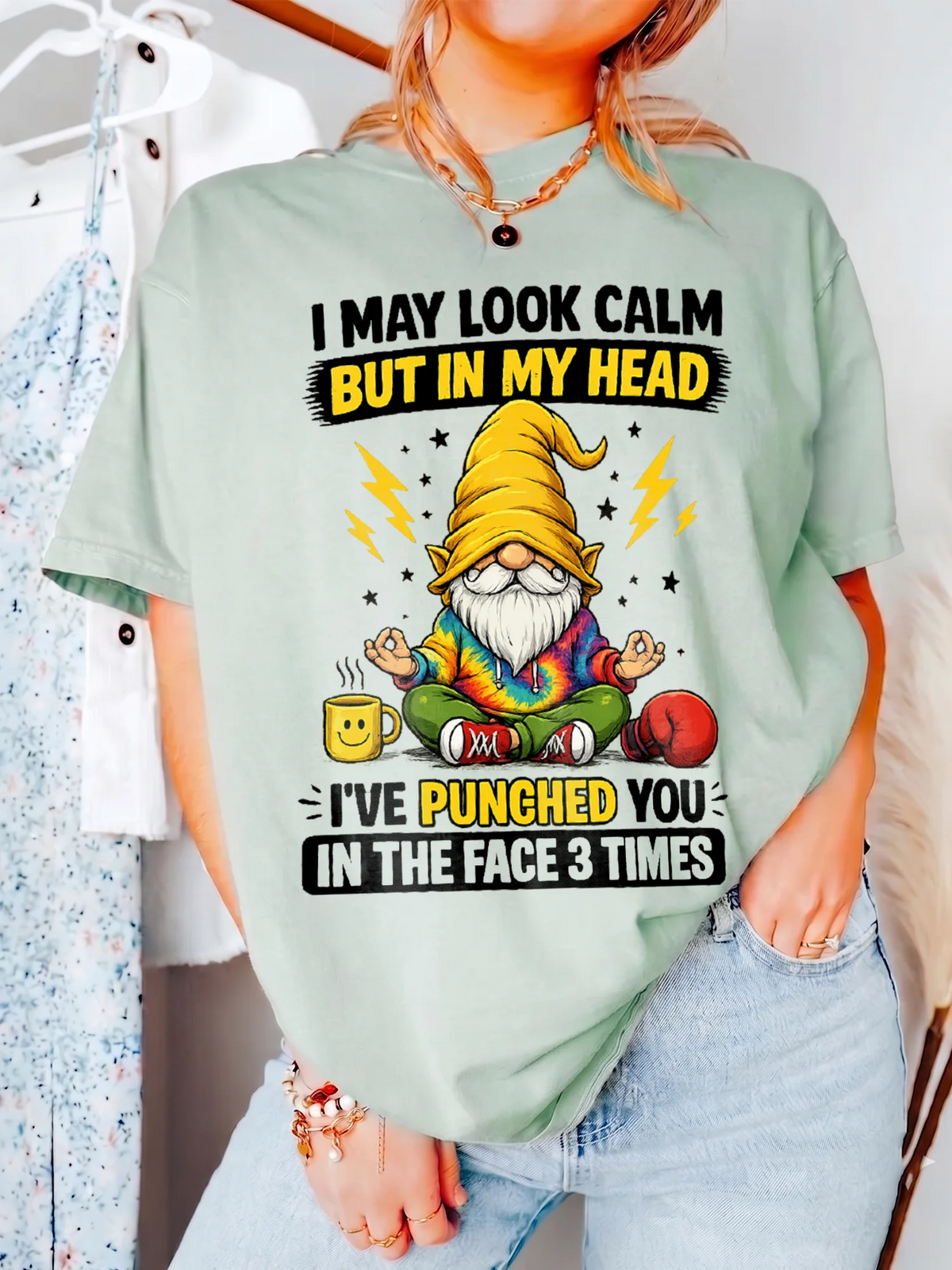 I May Look Calm But In My Head Funny Sarcastic Meditating Gnome T-Shirt Humor Graphic Tee