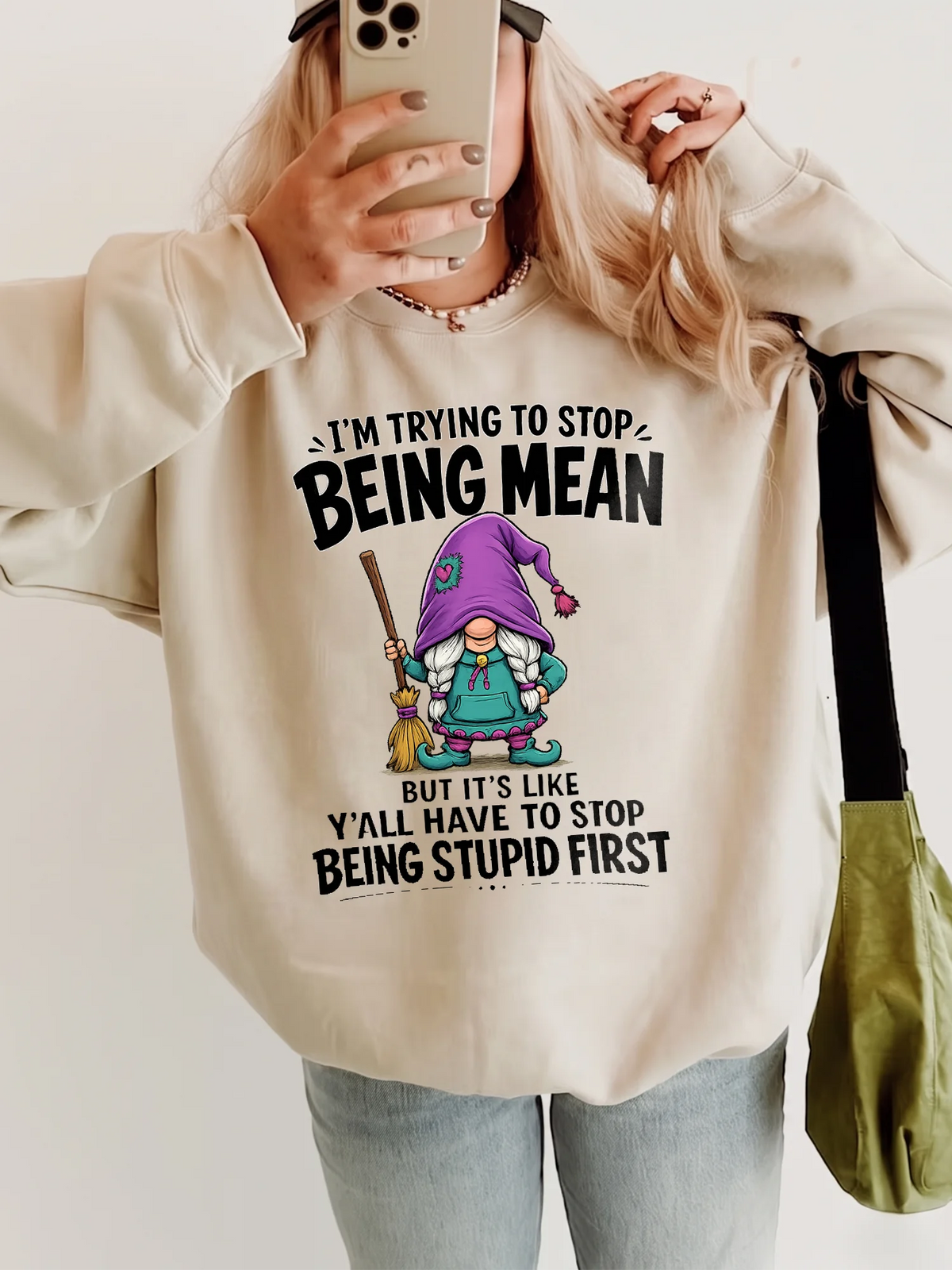 Funny Sarcastic Gnome T-Shirt I'm Trying To Stop Being Mean Quote Shirt Attitude Graphic Tee