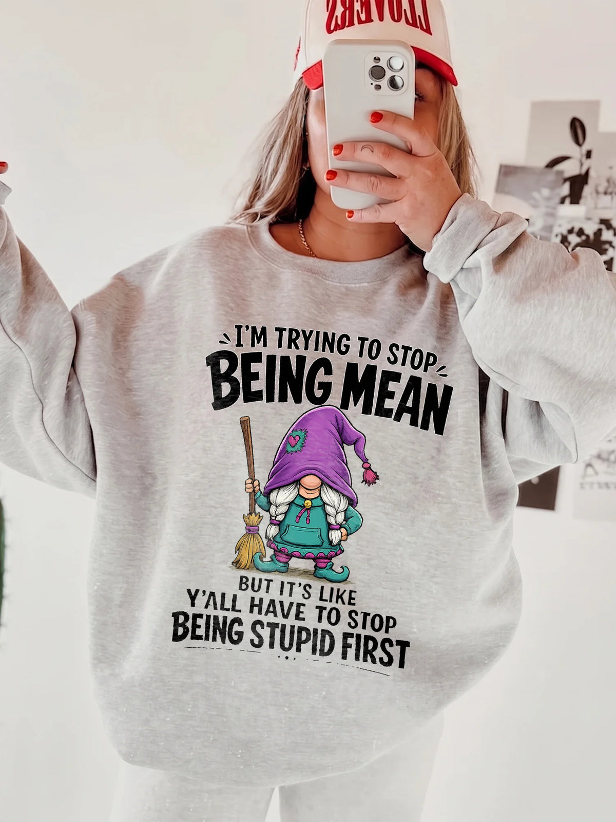 Funny Sarcastic Gnome T-Shirt I'm Trying To Stop Being Mean Quote Shirt Attitude Graphic Tee