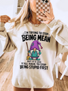 Funny Sarcastic Gnome T-Shirt I'm Trying To Stop Being Mean Quote Shirt Attitude Graphic Tee