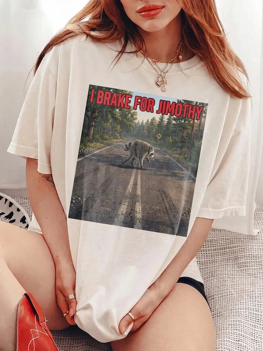 I Brake For Jimothy Funny Raccoon T-Shirt Novelty Trash Panda Graphic Tee Humorous Animal Lover Meme Gift