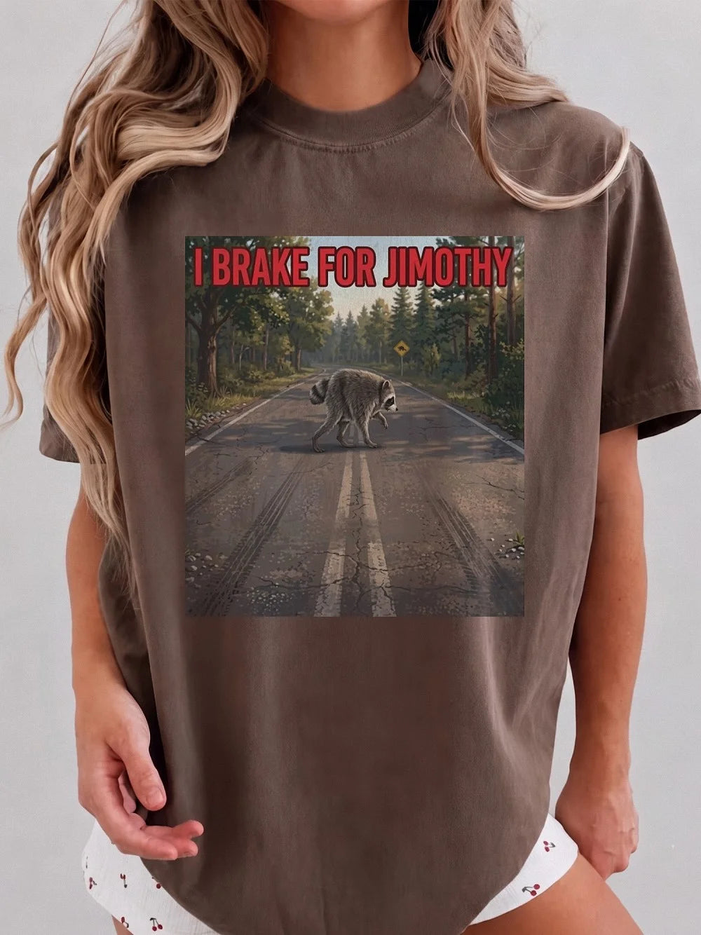 I Brake For Jimothy Funny Raccoon T-Shirt Novelty Trash Panda Graphic Tee Humorous Animal Lover Meme Gift
