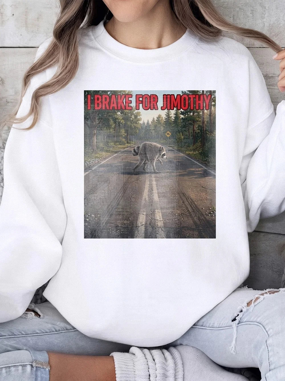 I Brake For Jimothy Funny Raccoon T-Shirt Novelty Trash Panda Graphic Tee Humorous Animal Lover Meme Gift