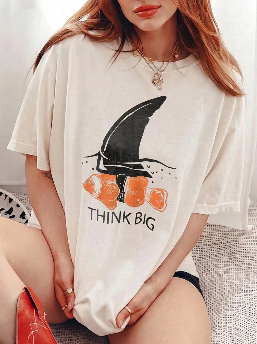 Think Big Shark Fin Clownfish Graphic T-Shirt - Funny Motivational Marine Biology Tee
