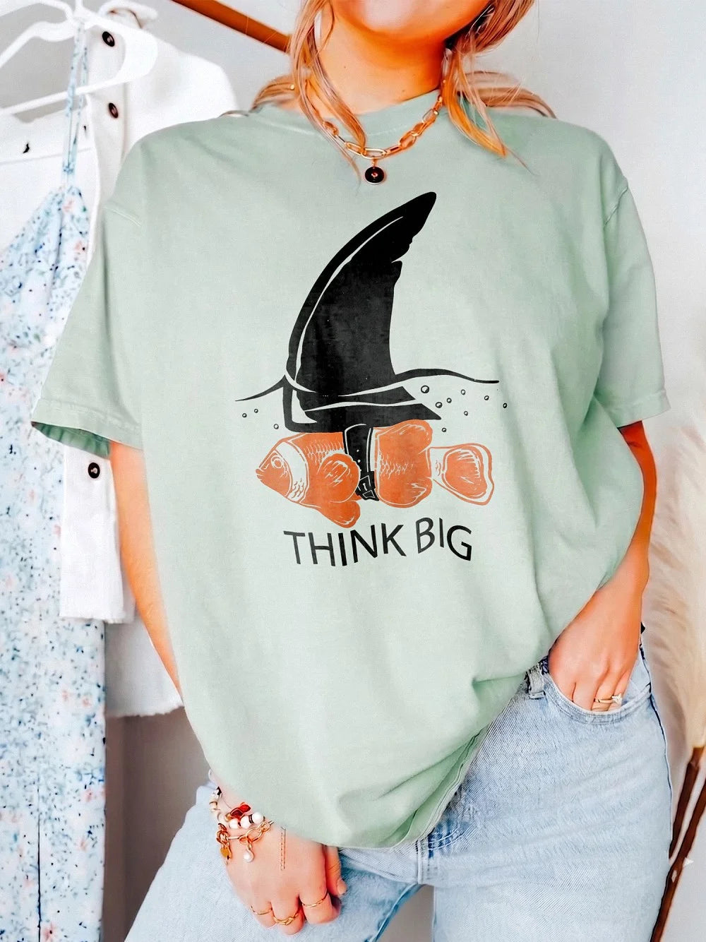 Think Big Shark Fin Clownfish Graphic T-Shirt - Funny Motivational Marine Biology Tee