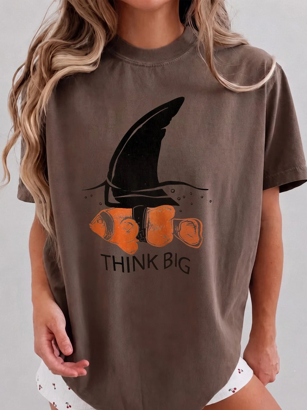 Think Big Shark Fin Clownfish Graphic T-Shirt - Funny Motivational Marine Biology Tee