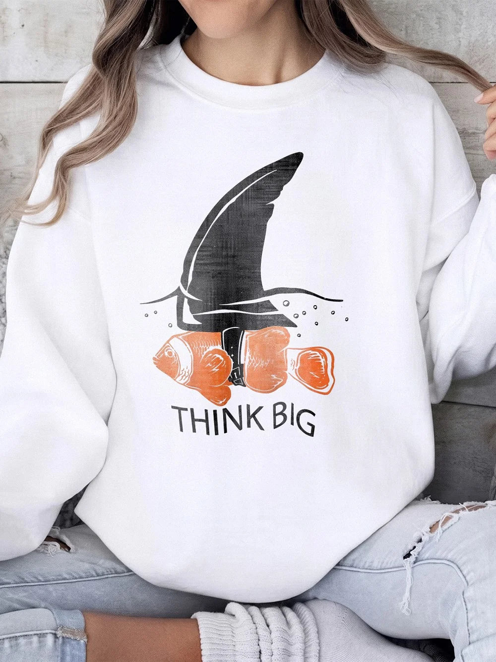 Think Big Shark Fin Clownfish Graphic T-Shirt - Funny Motivational Marine Biology Tee