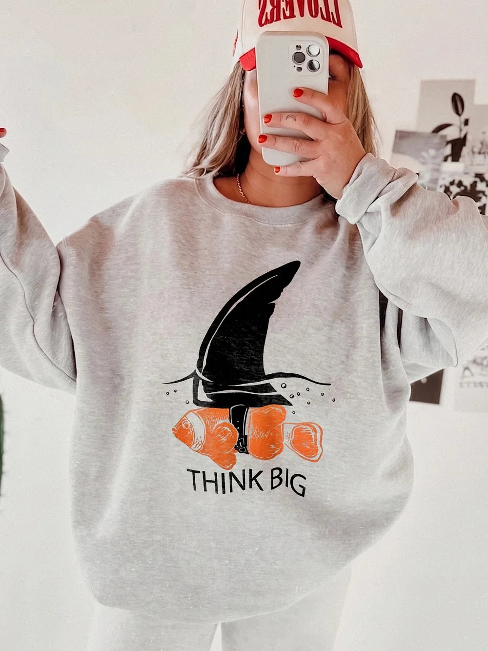 Think Big Shark Fin Clownfish Graphic T-Shirt - Funny Motivational Marine Biology Tee