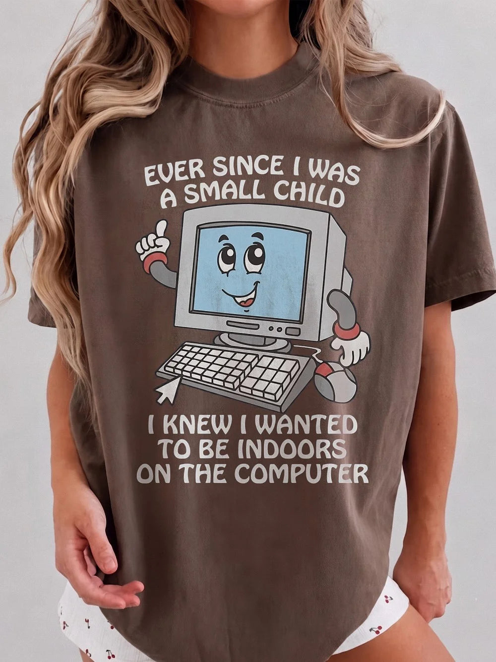 Ever Since I Was A Small Child Indoors On The Computer Funny Graphic Tee Retro Introvert Gamer T-Shirt